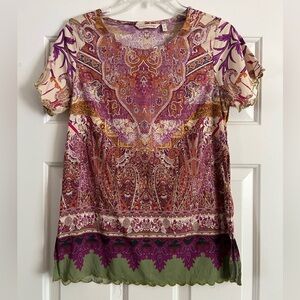 NWT &90 SOFT SURROUNDINGS boho paisley lettuce edge tee XS